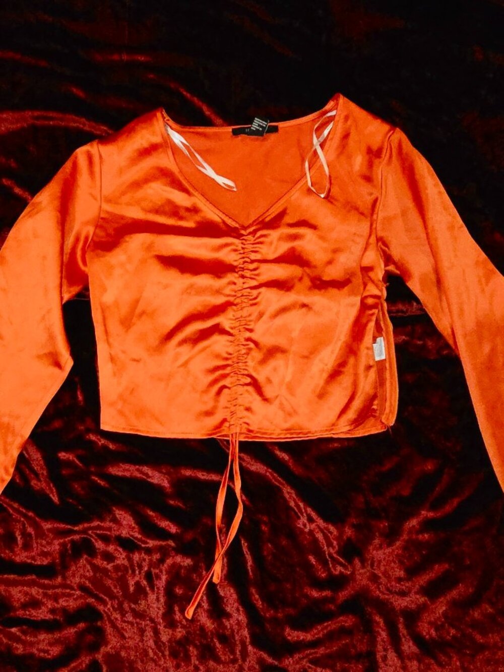 Forever 21 Orange Satin Ruched Bell Sleeve Crop Top